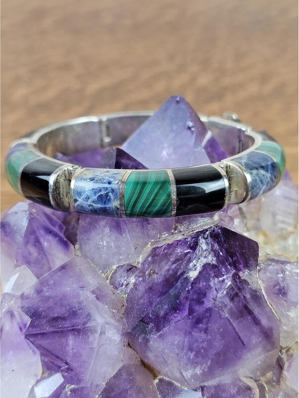 Vintage Taxco Mexico 950 Silver Malachite Sodalite Onyx Inlay Bracelet 70g 7" - Picture 2 of 11